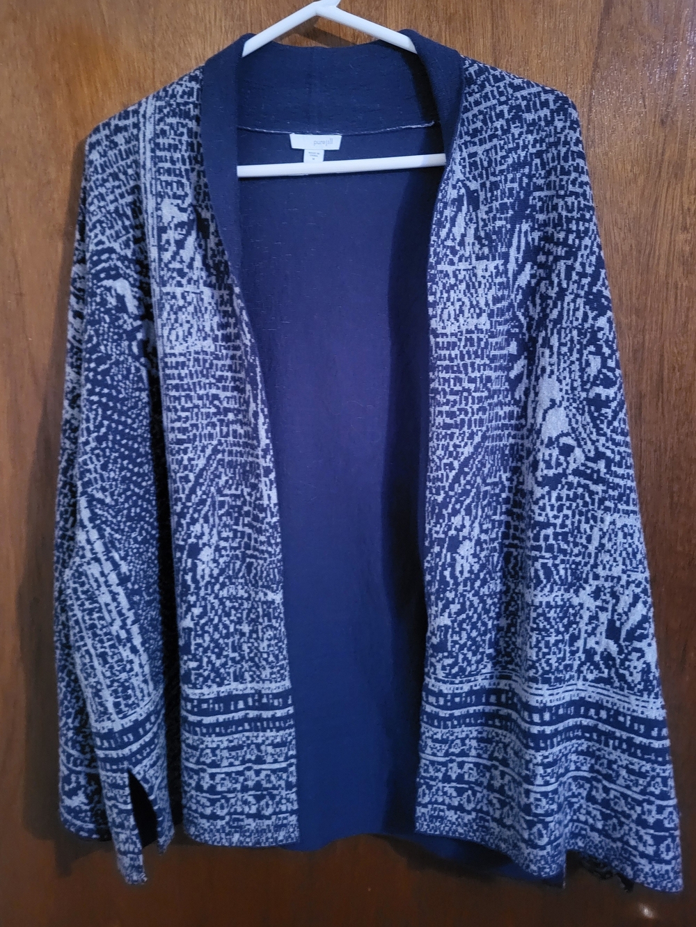 Open-Front Navy and Cream Patterned Women’s Sweater Cardigan. Purejill.